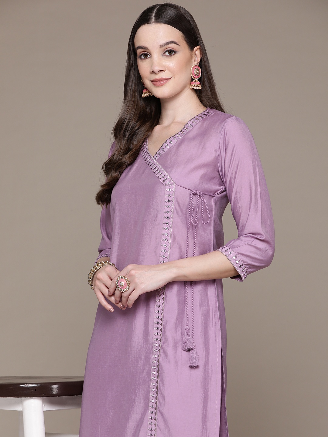 

Readiprint Angrakha Mirror Work Pure Silk Kurta with Trousers, Violet