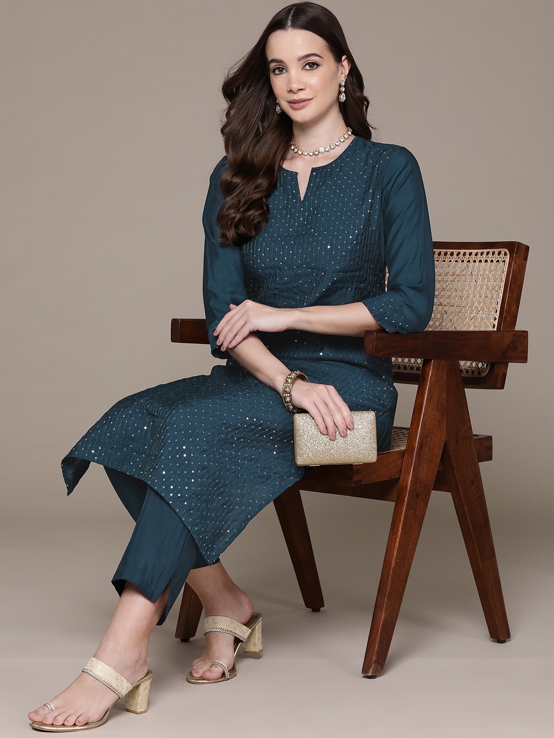 

Readiprint Embroidered Sequinned Pure Silk Kurta with Trousers, Navy blue