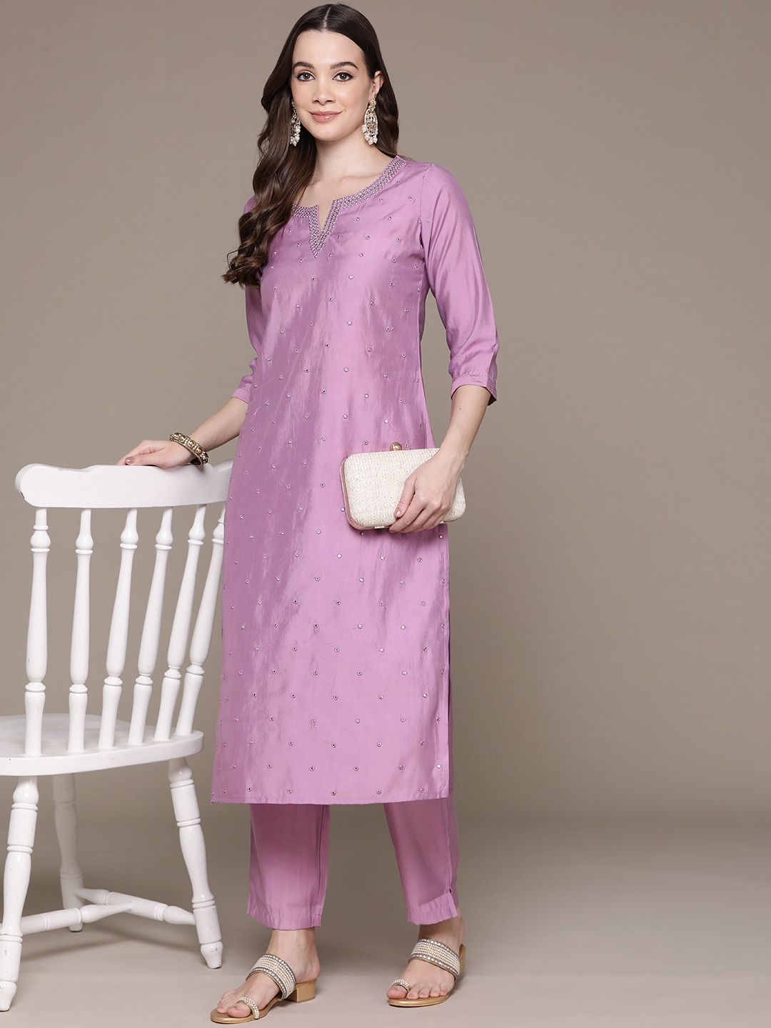 

Readiprint Embroidered Mirror Work Pure Silk Kurta with Trousers, Violet