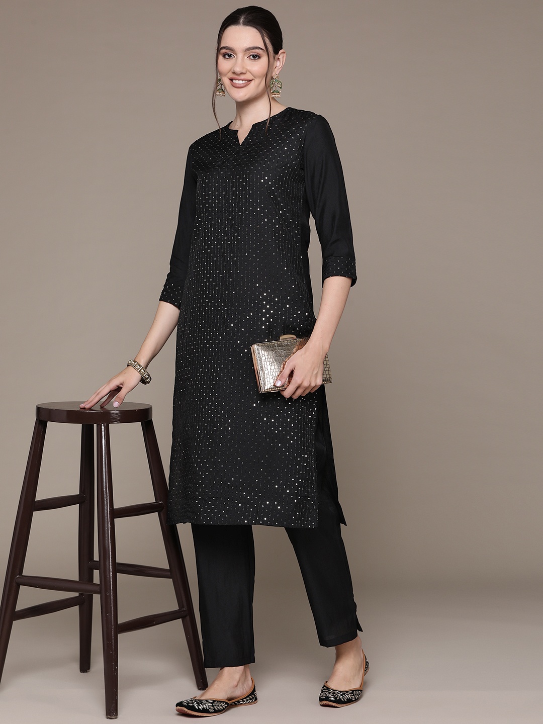 

Readiprint Embroidered Sequinned Pure Silk Kurta with Trousers, Black
