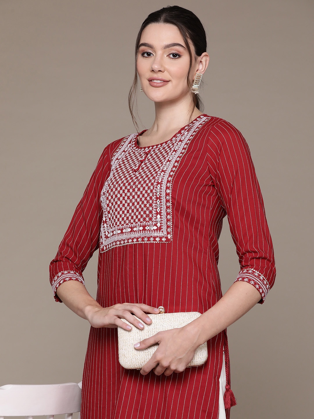 

Readiprint Striped Embroidered Sequinned Kurta, Maroon