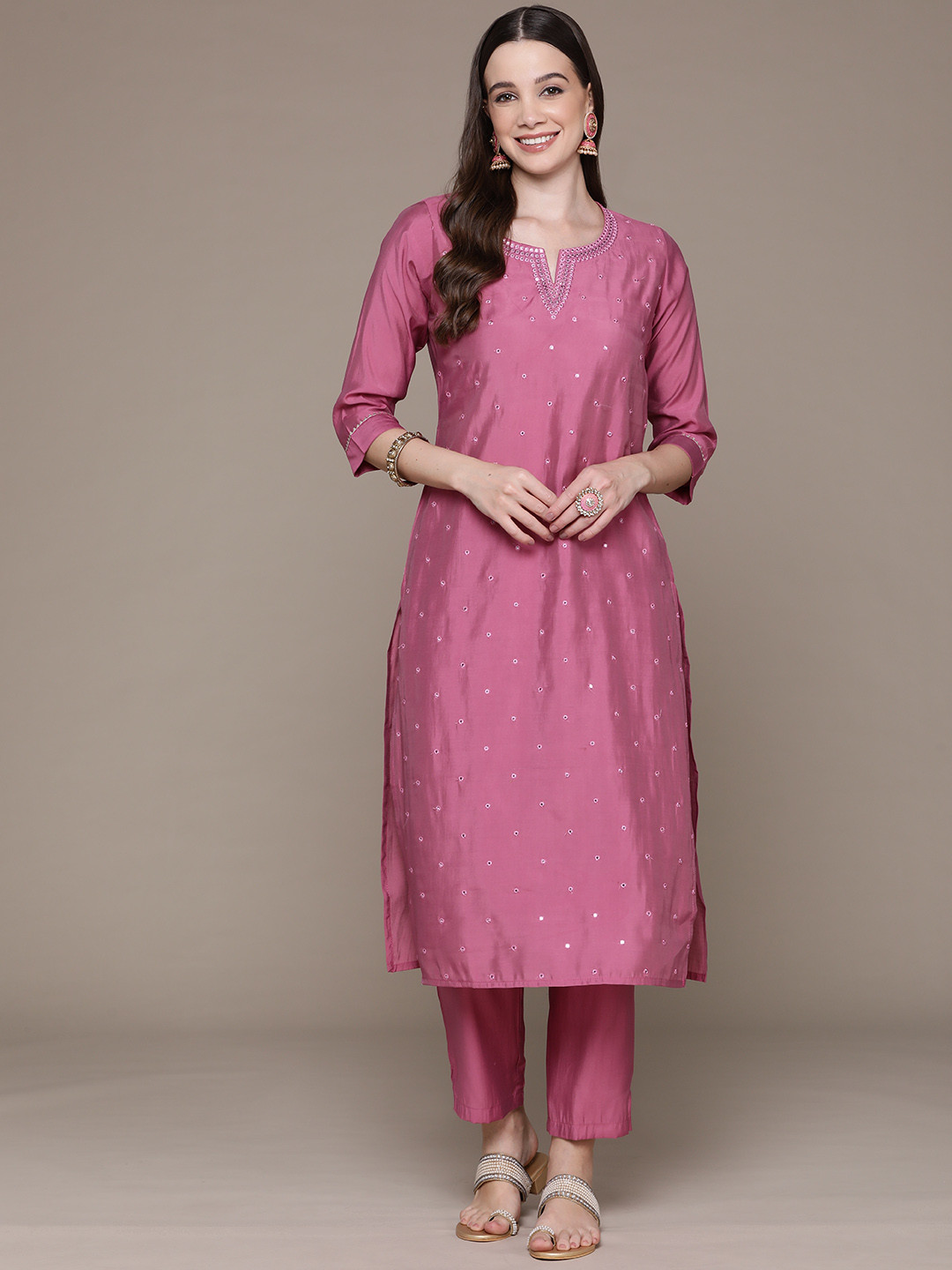 

Readiprint Embroidered Mirror Work Pure Silk Kurta with Trousers, Pink