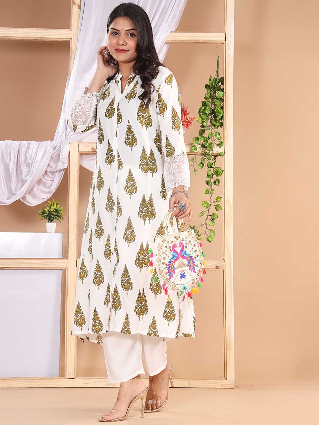

KALINI Floral Printed Mandarin Collar A-Line Kurta With Trouser, Brown