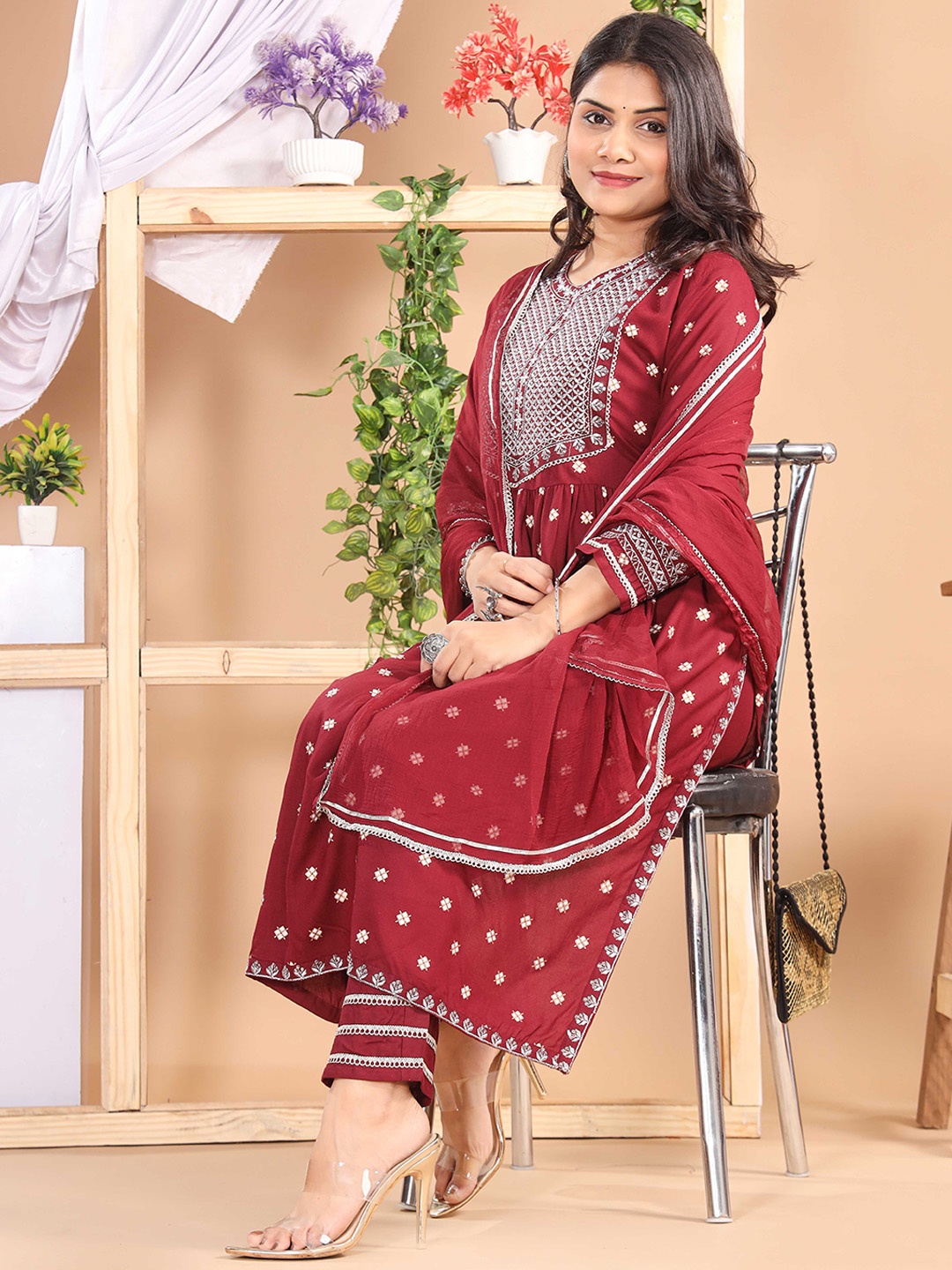 

KALINI Women Ethnic Motifs Embroidered Regular Sequinned Kurta with Trousers & With Dupatta, Maroon
