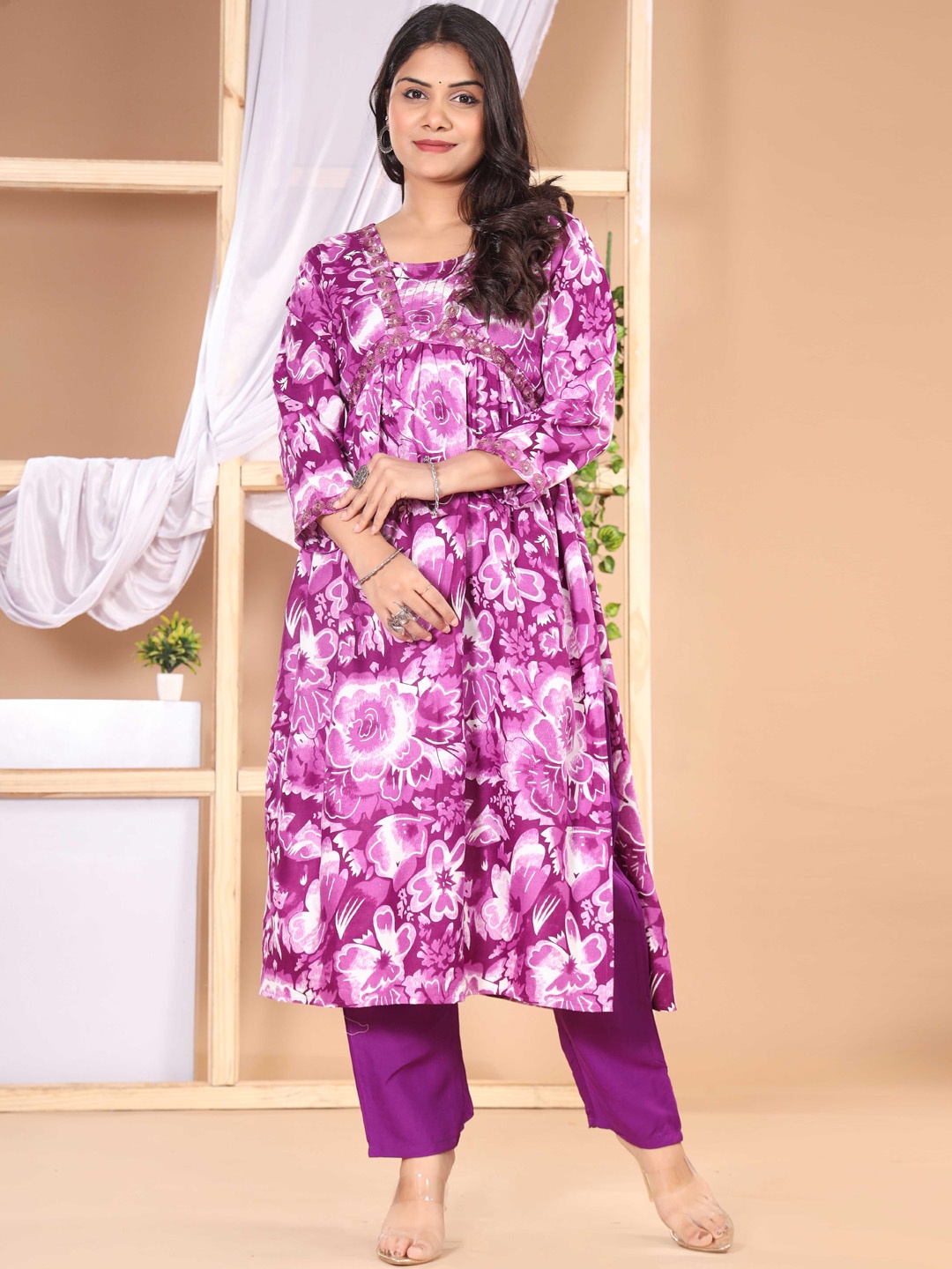 

KALINI Women Floral Printed Regular Gotta Patti Kurta with Palazzos, Purple