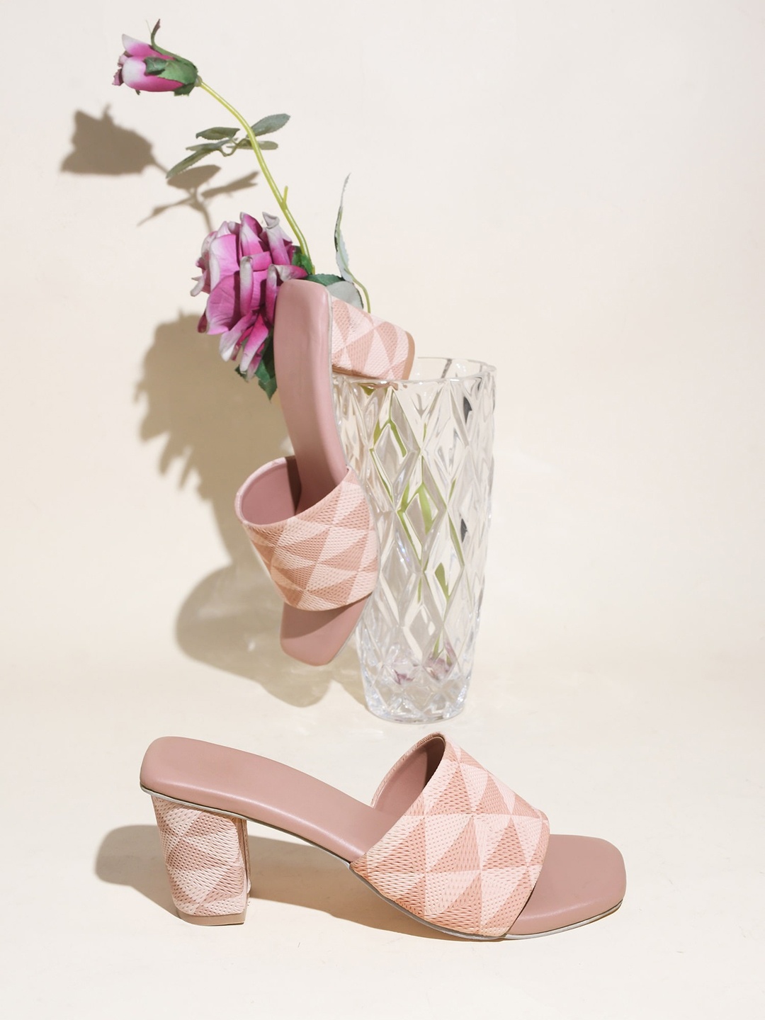 

Try Me Printed Ethnic Block Sandals with Bows, Nude