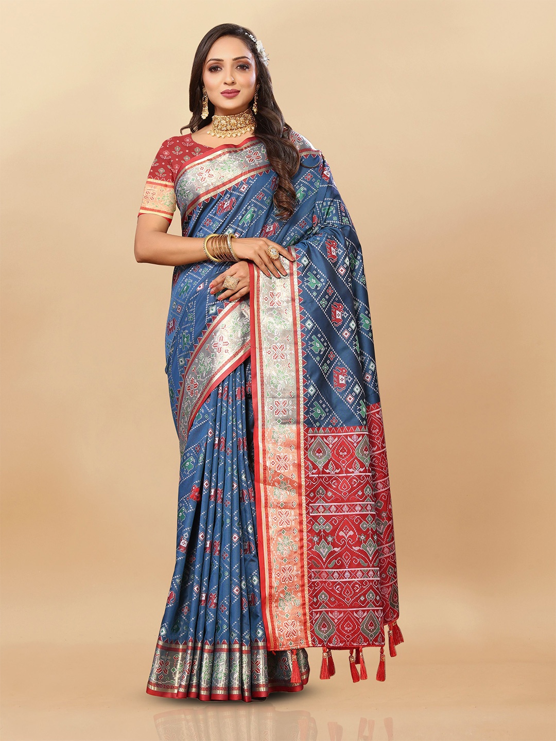 

bansari textiles Woven Design Zari Pure Cotton Patola Saree, Teal