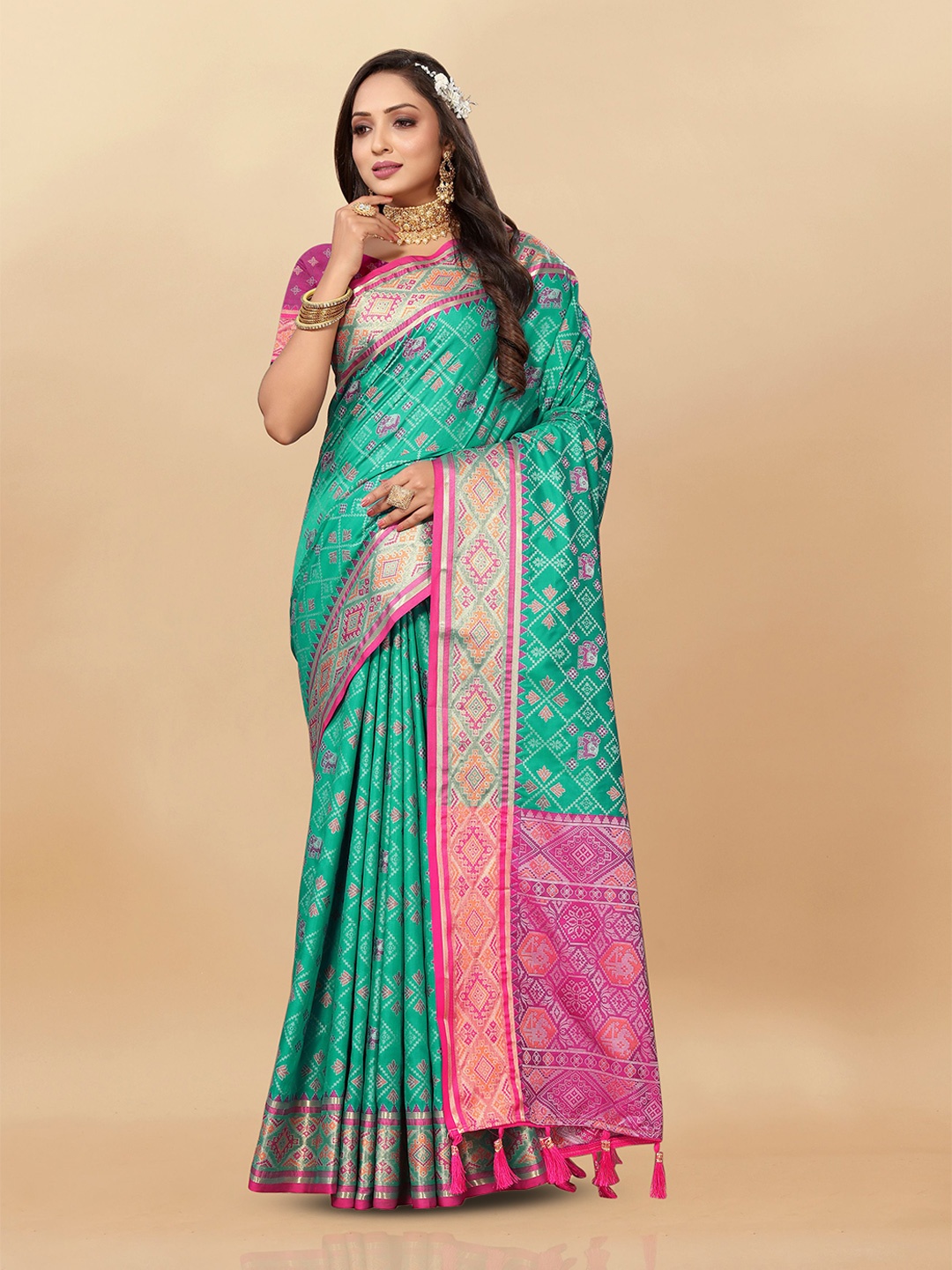 

bansari textiles Woven Design Zari Pure Cotton Patola Saree, Blue