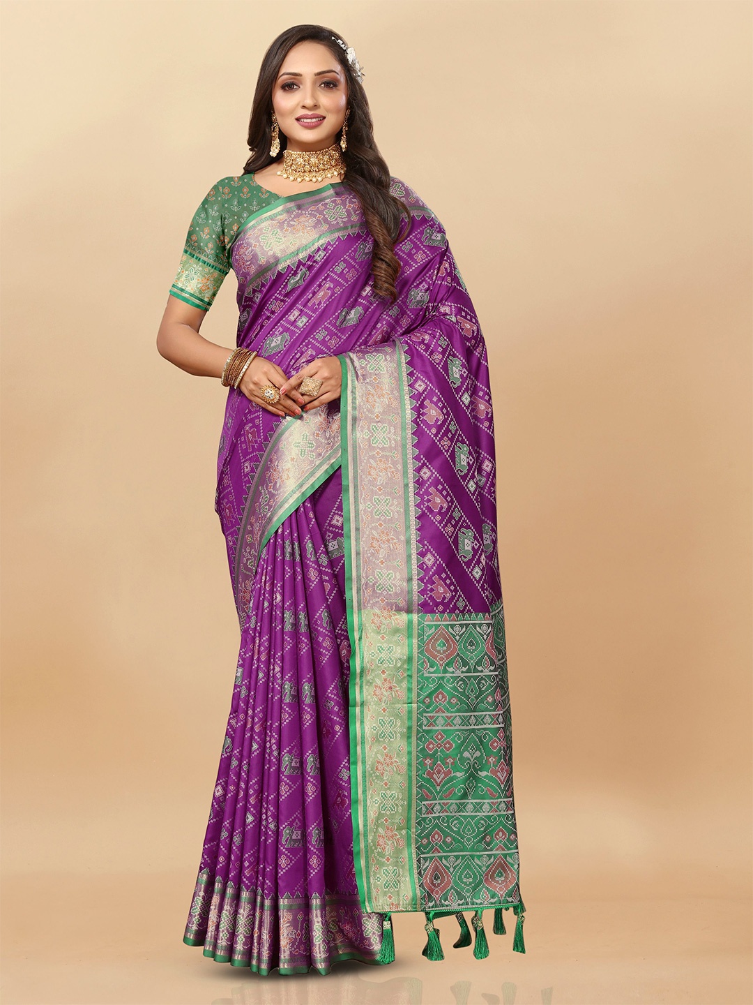 

bansari textiles Woven Design Zari Pure Cotton Patola Saree, Purple