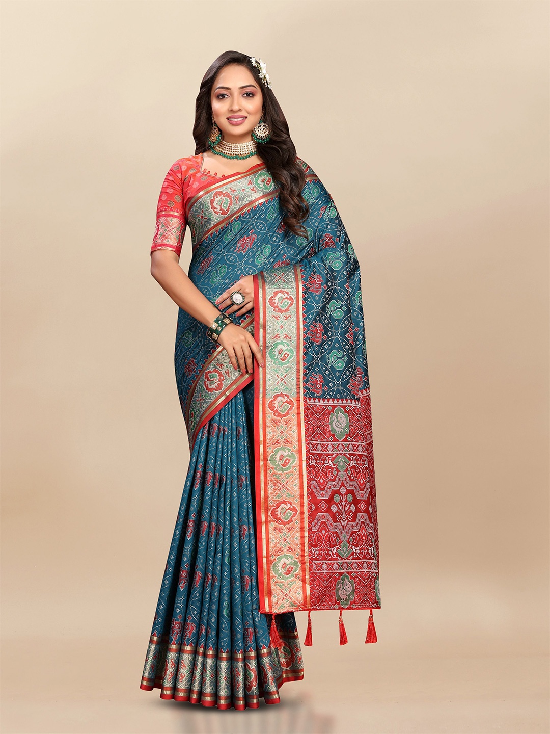 

bansari textiles Woven Design Zari Pure Cotton Patola Saree, Blue