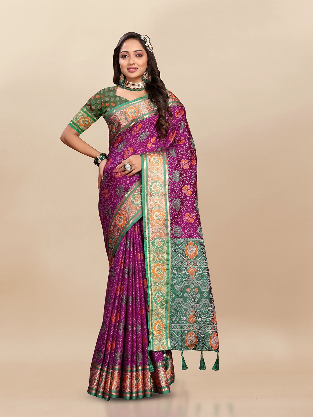 

bansari textiles Woven Design Zari Pure Cotton Patola Saree, Purple