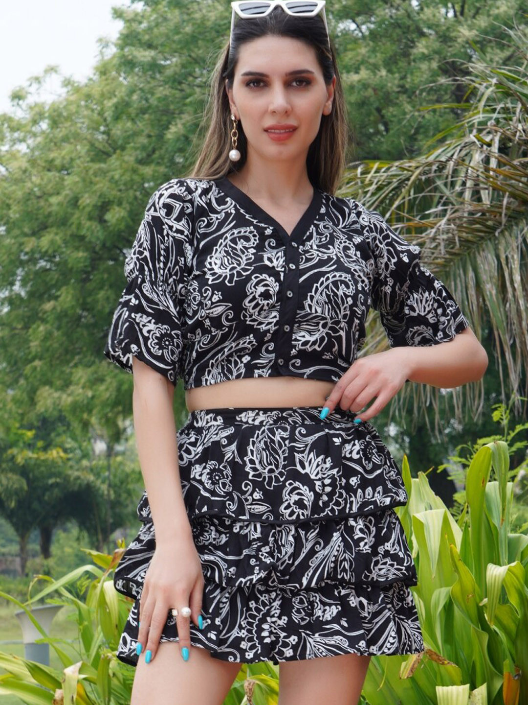 

FXM Ethnic Motifs Printed V-Neck Top With Mini Skirt, Black