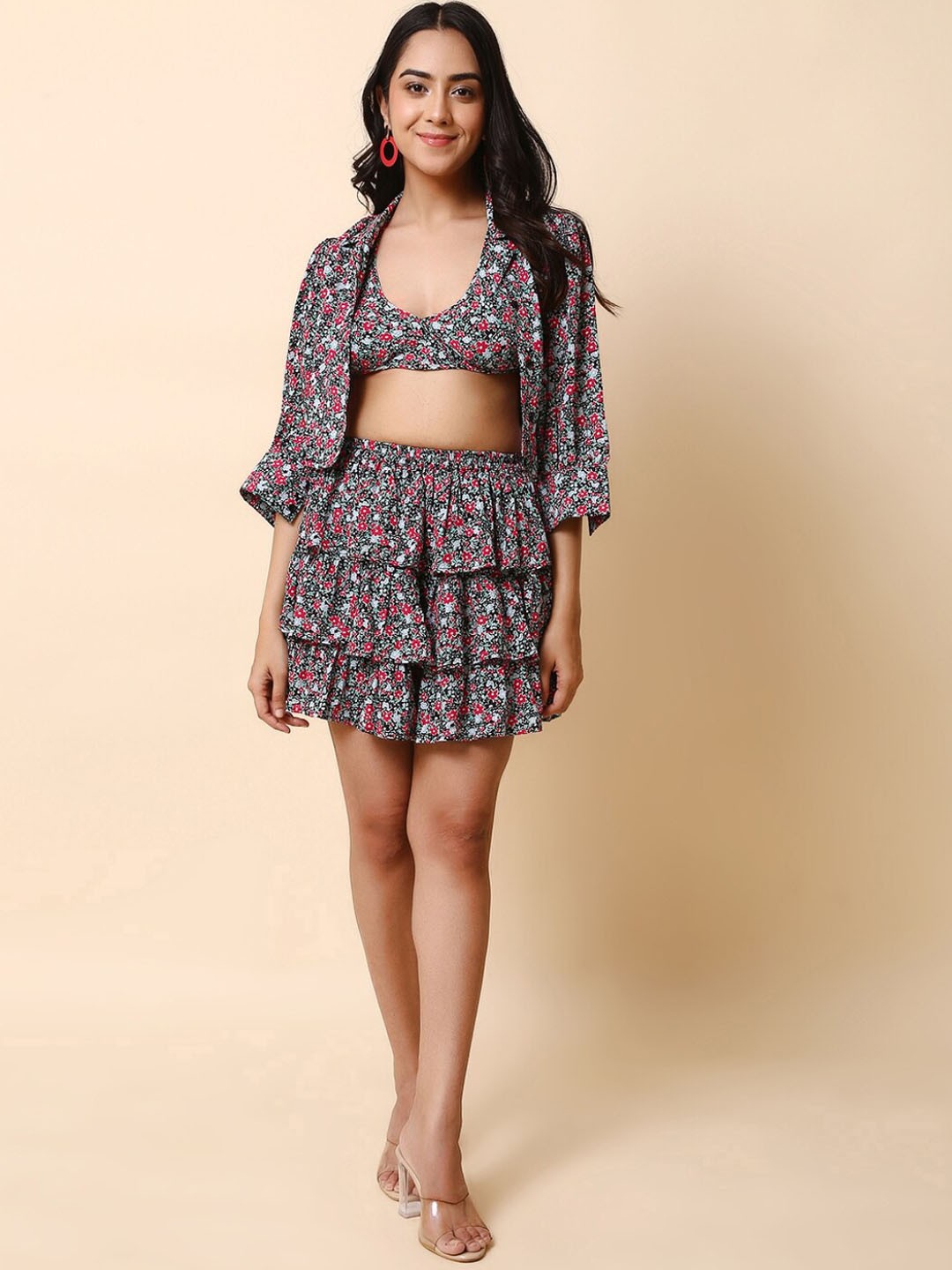 

FXM Floral Printed Top With Mini Skirt & Shrug Co-Ords, Black