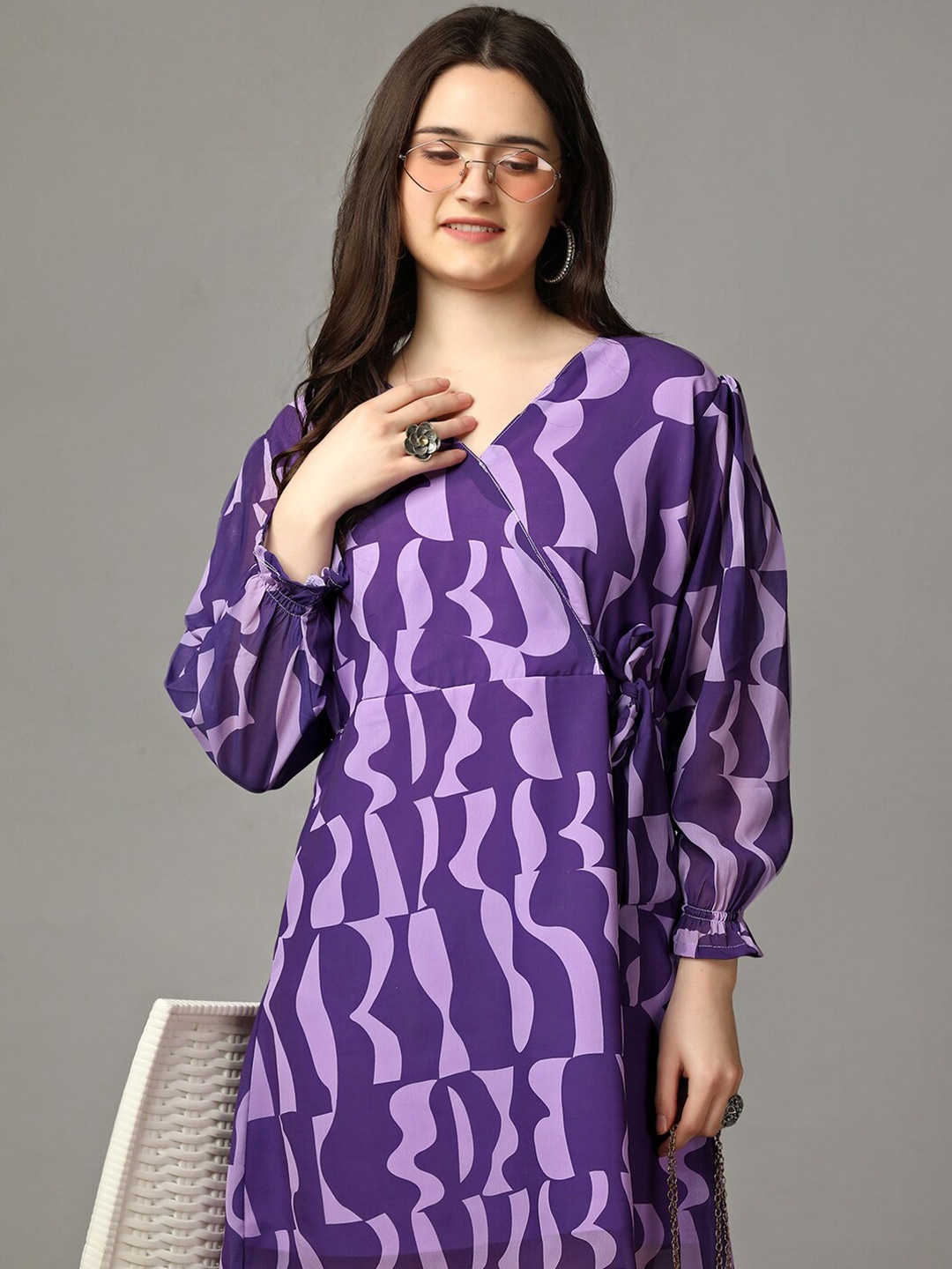 

Kandora Print Puff Sleeve Georgette A-Line Dress, Purple