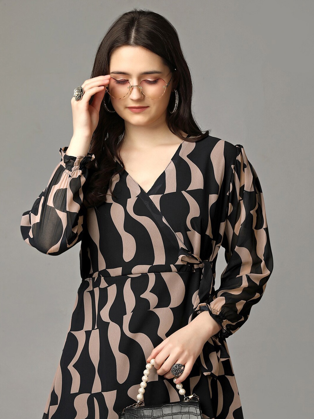 

Kandora Print Puff Sleeve Georgette A-Line Dress, Black