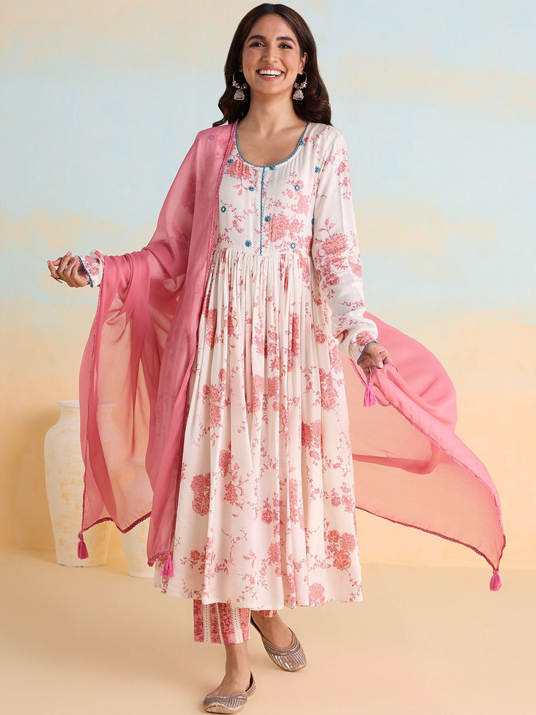 

Likha Women Floral Printed Angrakha Kurta with Trousers & With Dupatta, White