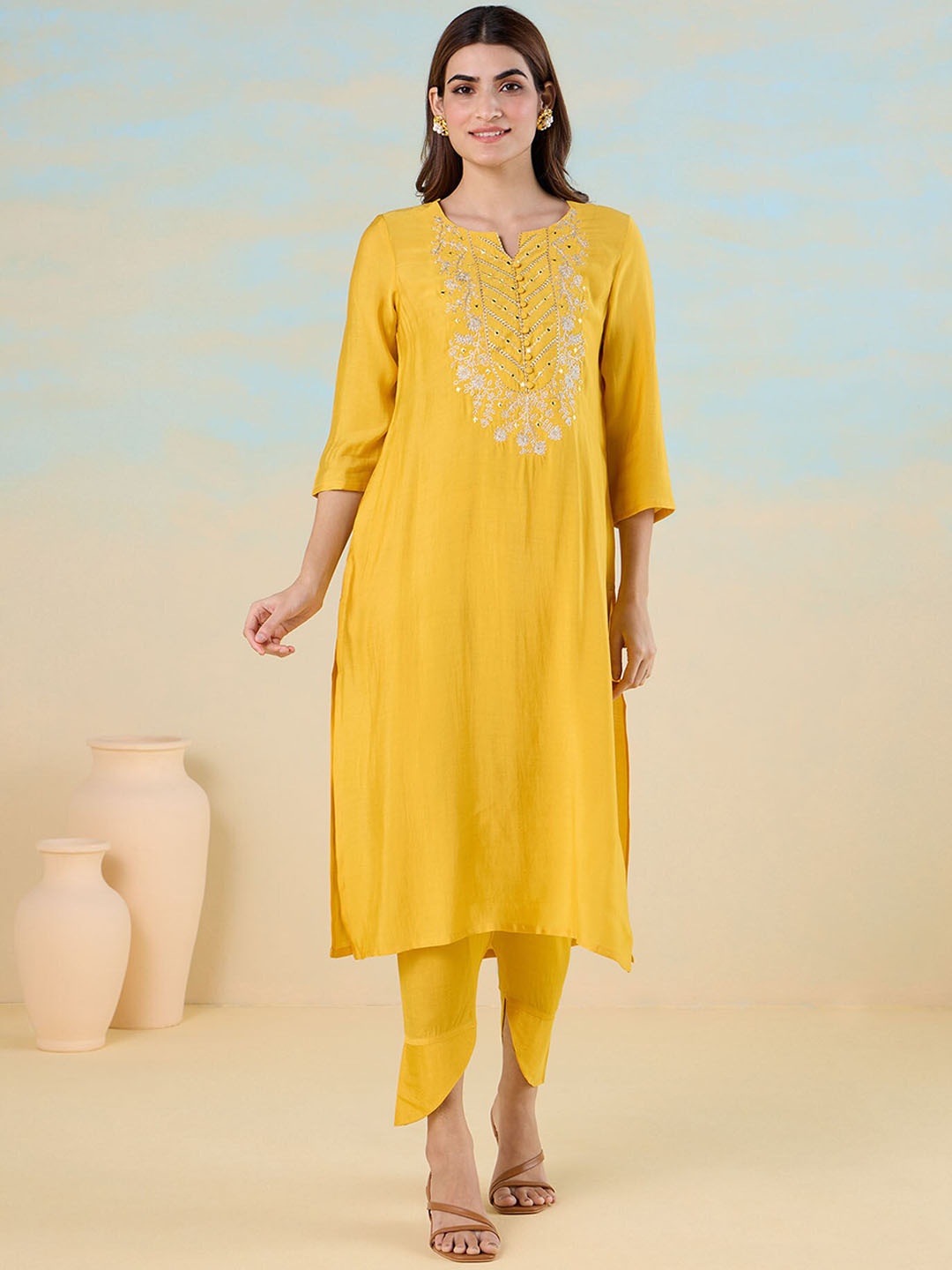 

Likha Women Ethnic Motifs Embroidered Regular Mirror Work Kurta with Pyjamas & With Dupatta, Yellow