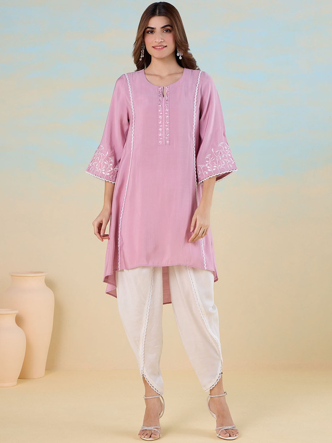 

Likha Women Ethnic Motifs Embroidered Regular Thread Work Kurta with Dhoti Pants & With Dupatta, Pink