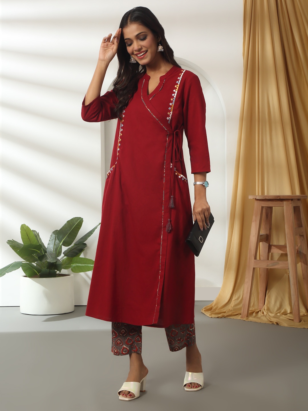 

Likha Women Floral Embroidered Angrakha Thread Work Pure Cotton Kurta with Trousers, Maroon