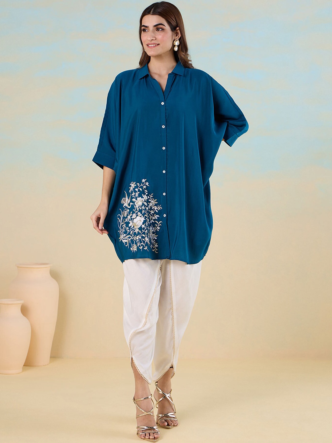 

Likha Smooth Art Silk Embroidered Pakistani Kimono Top with Dhoti Pant, Teal
