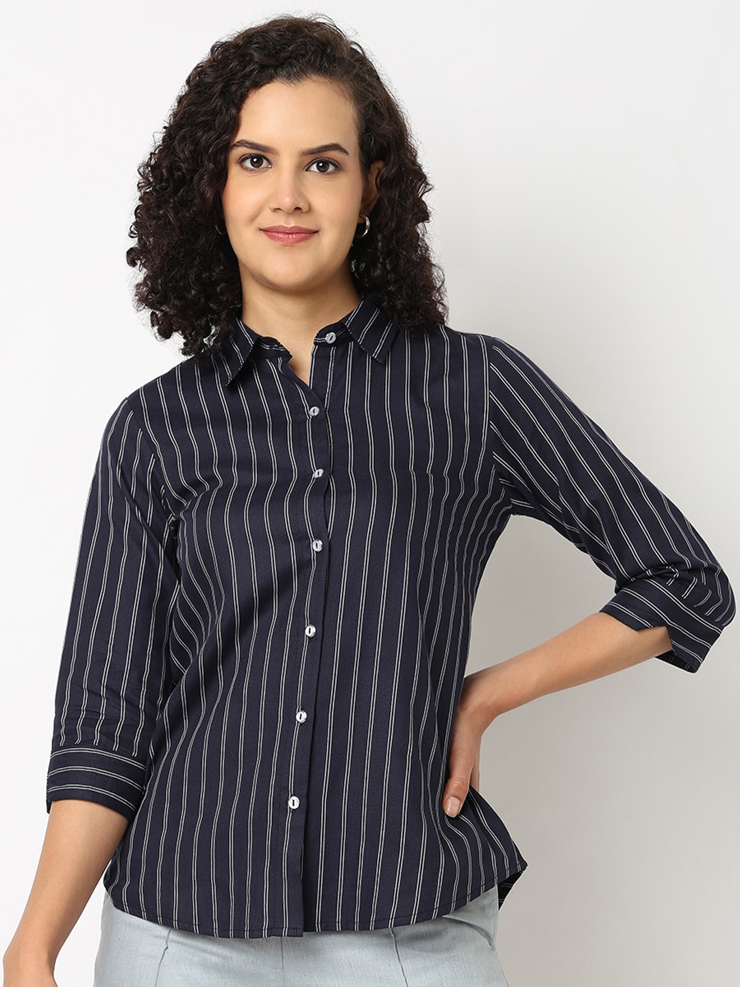 

NOT SO PINK Women Classic Opaque Striped Casual Shirt, Navy blue