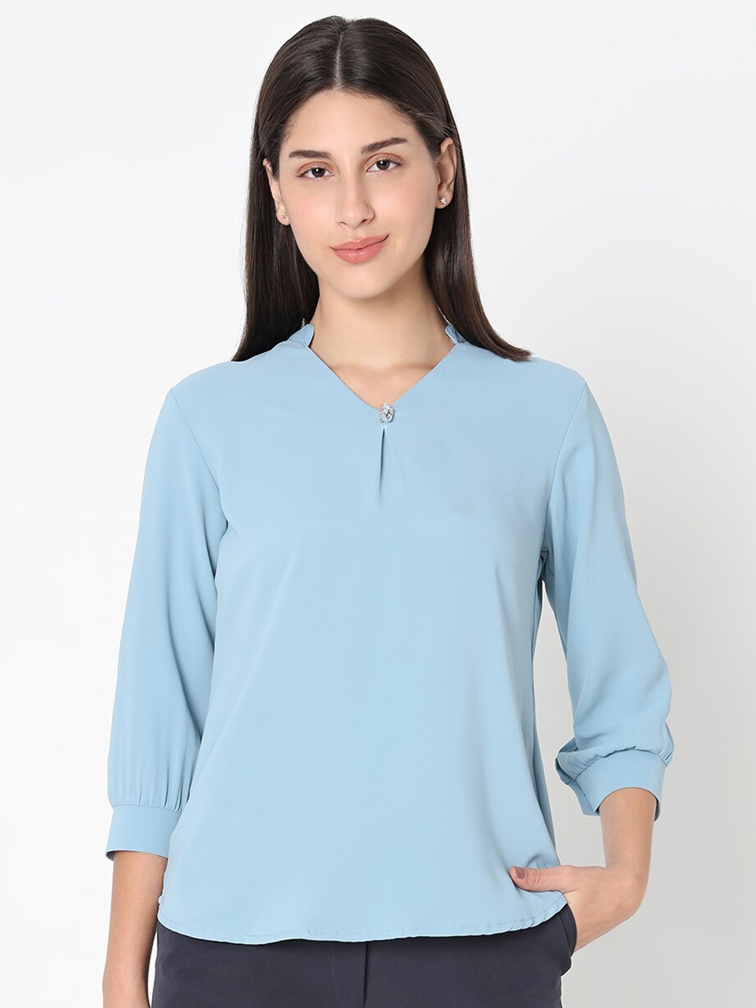

NOT SO PINK Mandarin Collar Top, Sea green