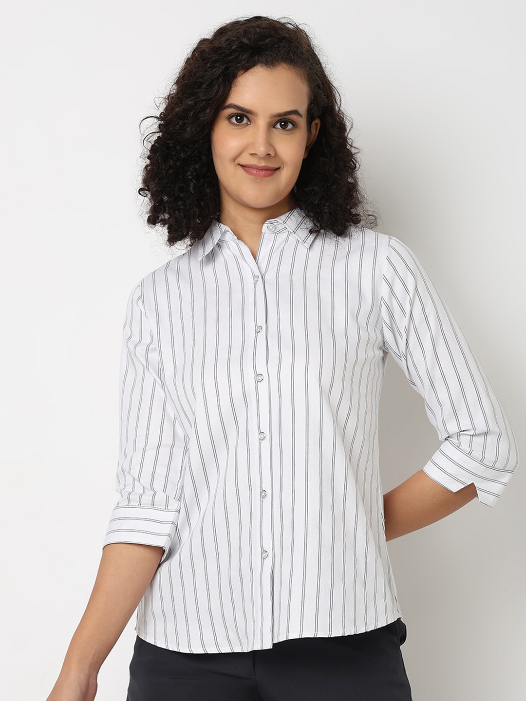 

NOT SO PINK Women Classic Opaque Striped Casual Shirt, White