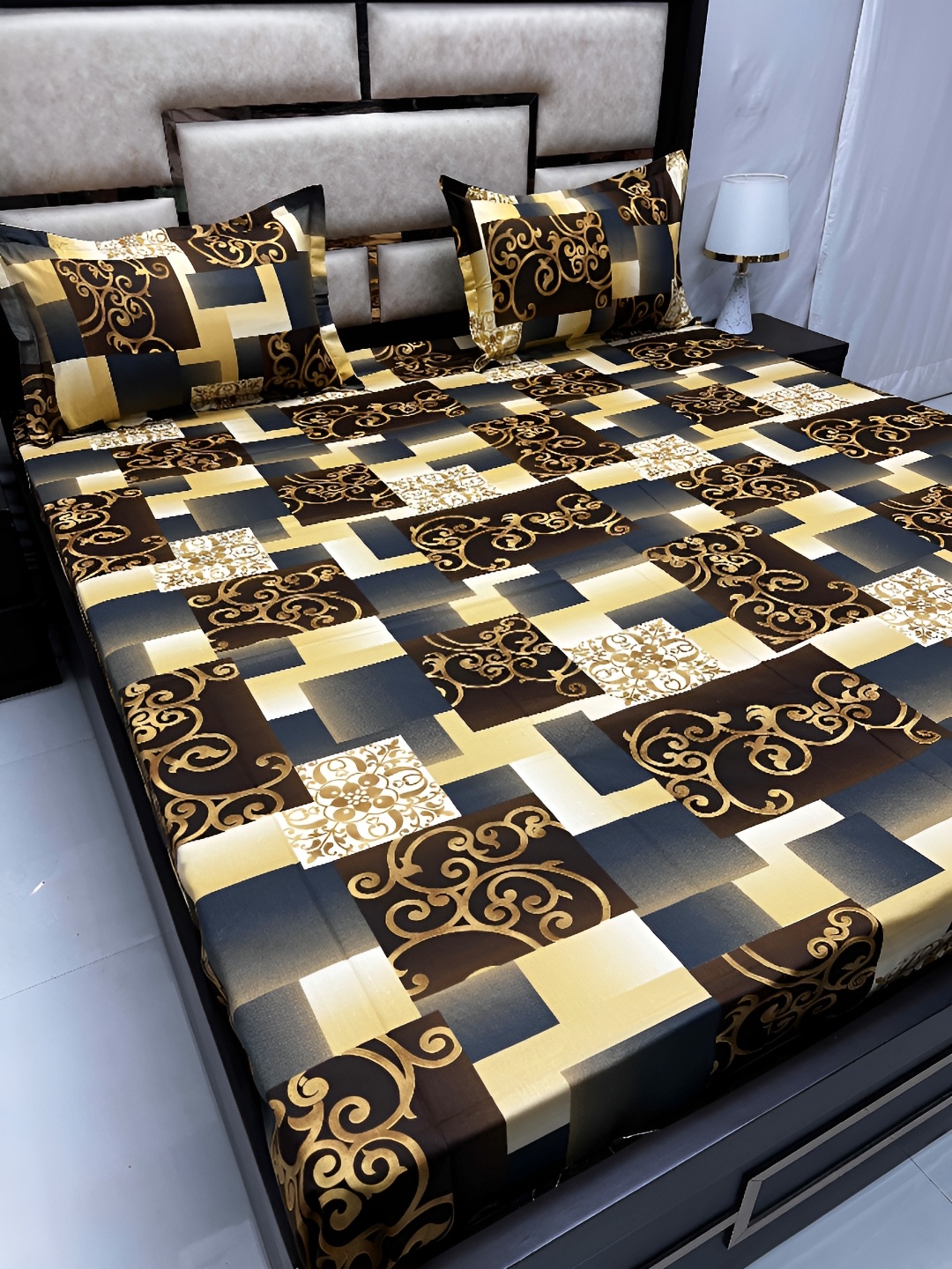 

Pure Decor Brown & Yellow Geometric King Bedsheet with 2 Pillow Covers