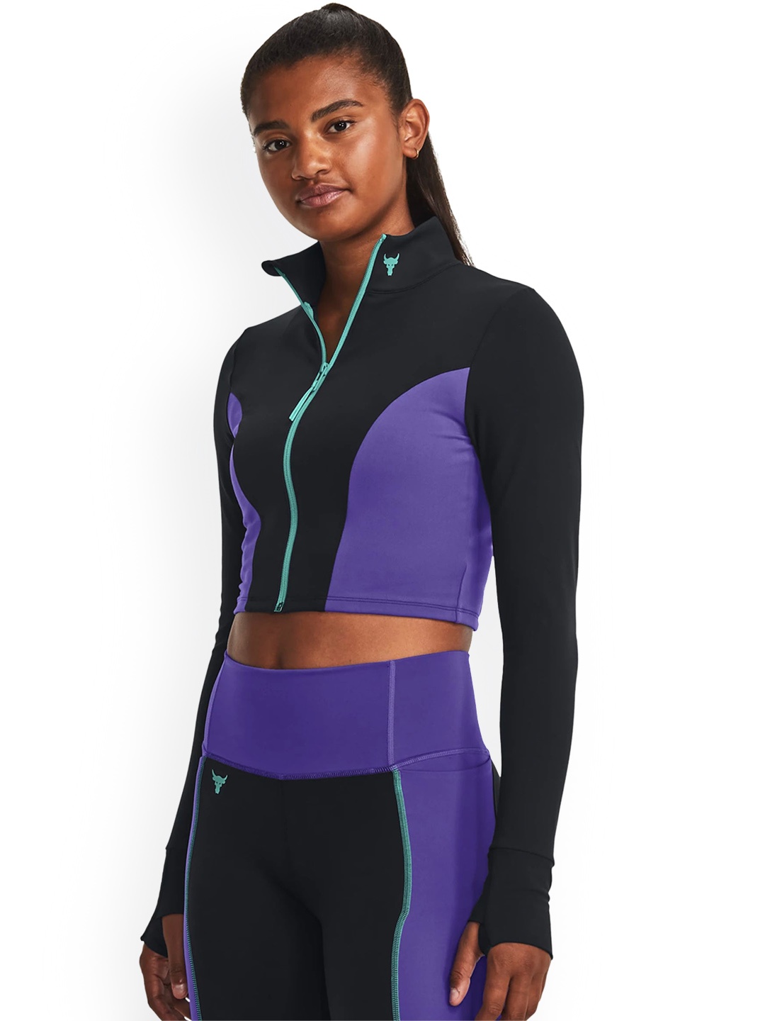 

UNDER ARMOUR UA Project Rock Lets Go Colorblocked Full-Zip Crop Sporty Jacket, Black