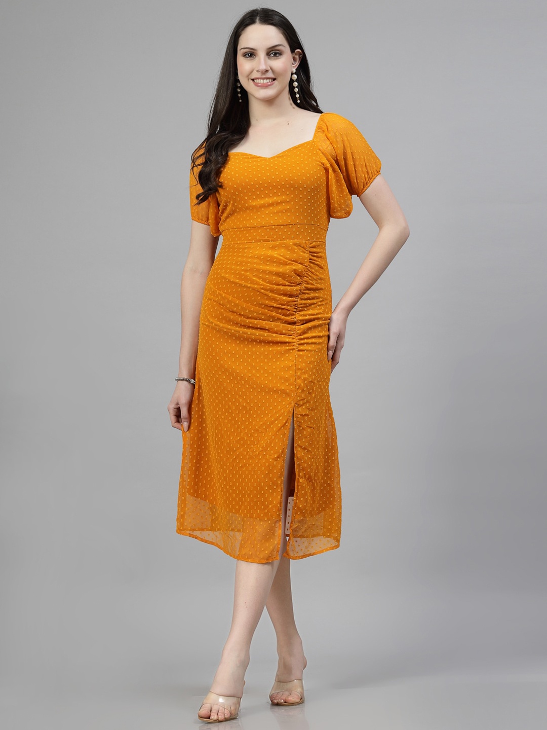

aayu Puff Sleeve Georgette Sheath Midi Dress, Mustard