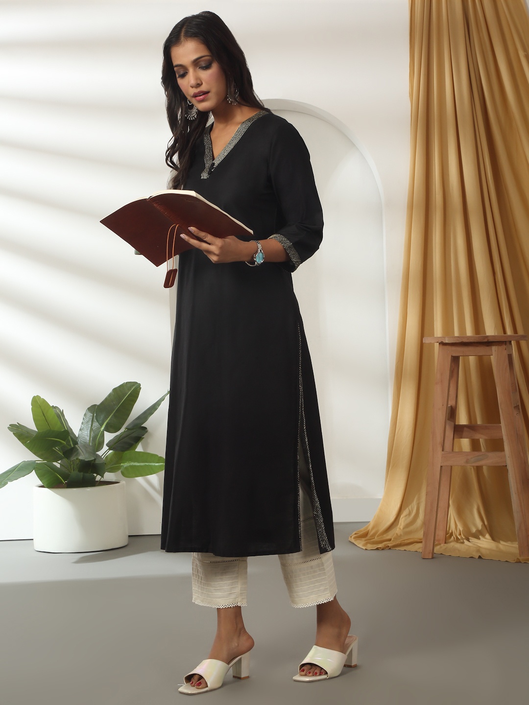 

Likha Zari Thread Work Straight Kurta, Black