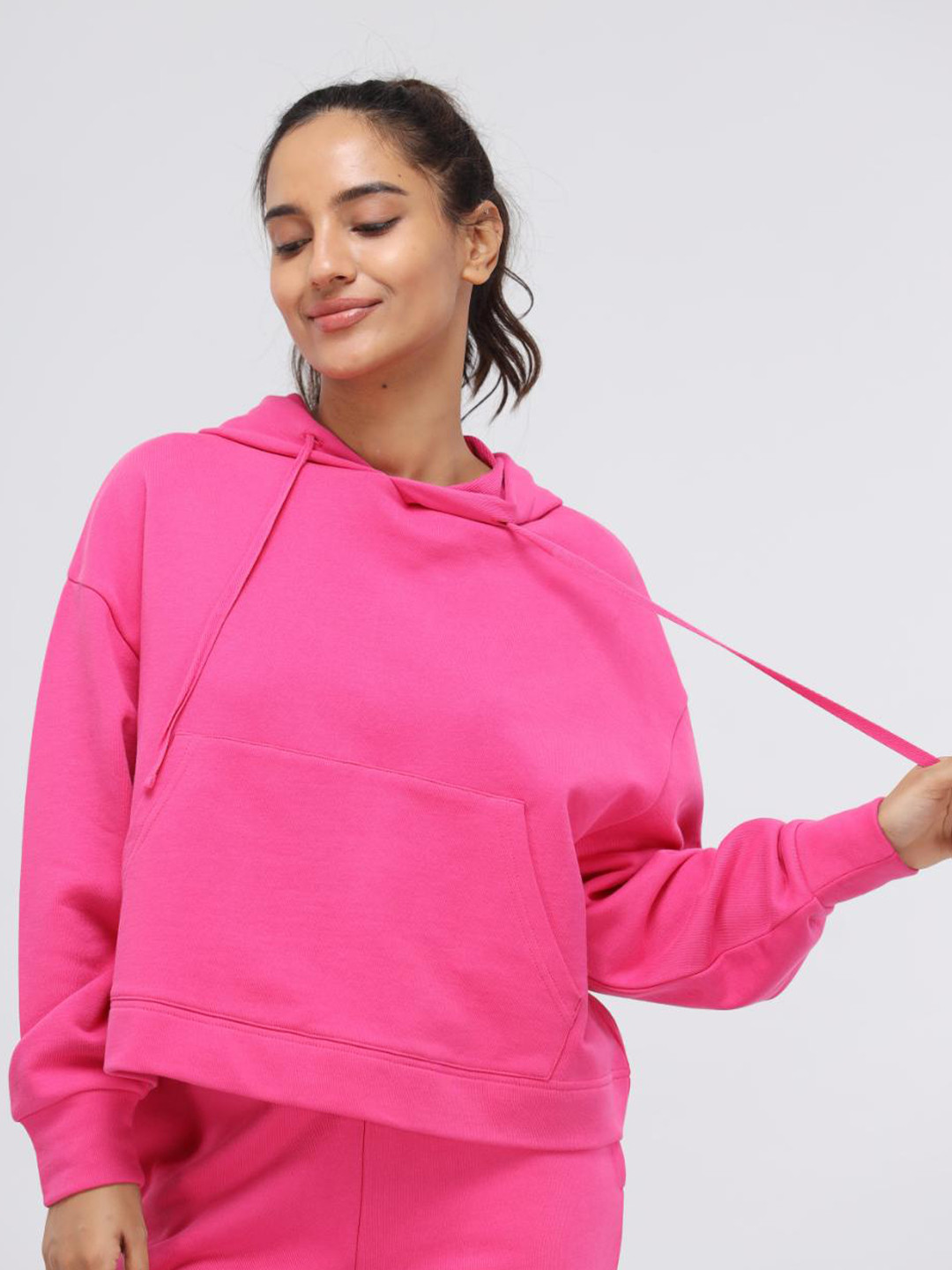 

necesera Hooded Long Drop Shoulder Sleeves Cotton Pullover Sweatshirt, Pink