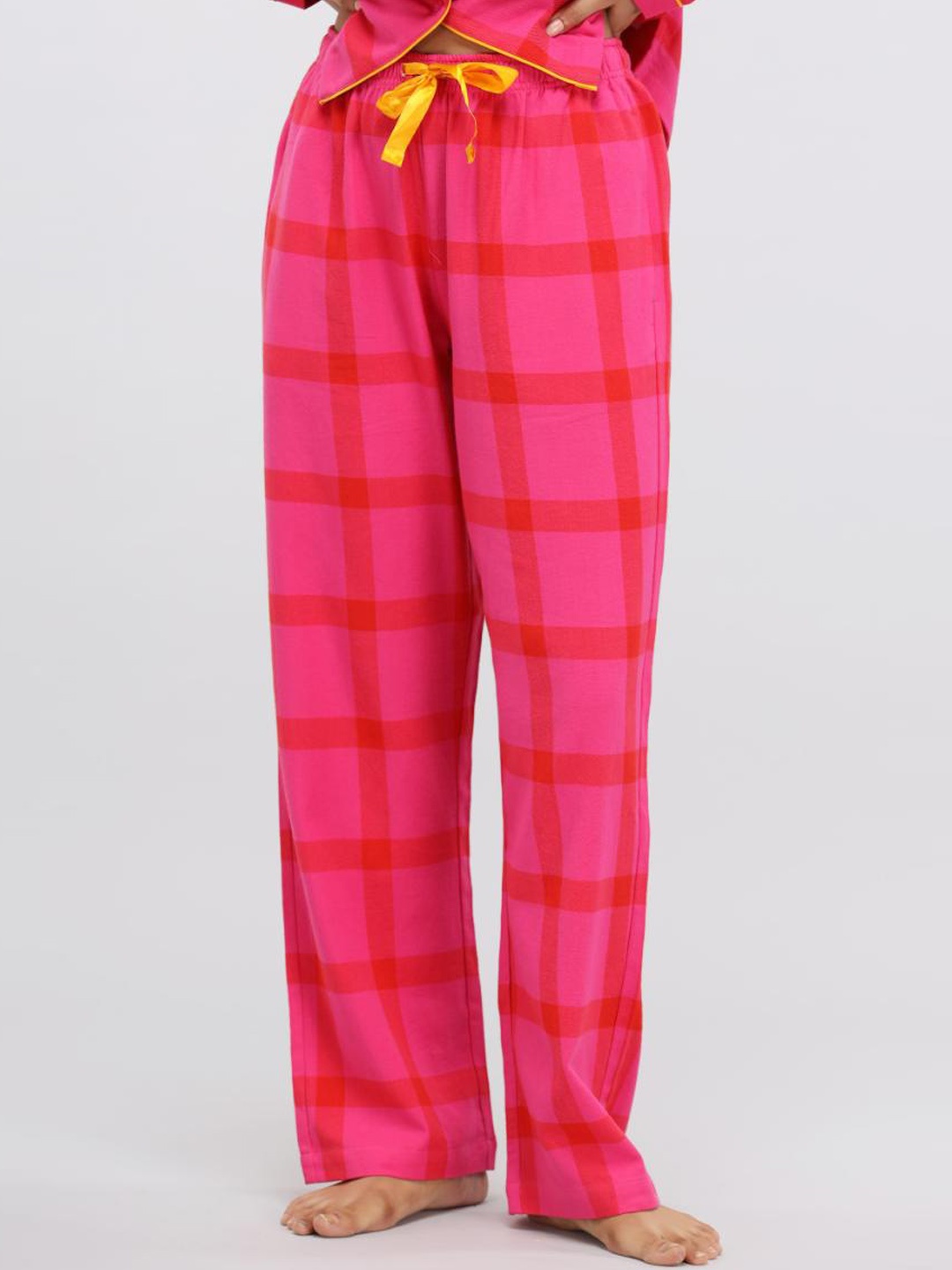 

necesera Women Checked Pure Cotton Mid-Rise Lounge Pants, Pink