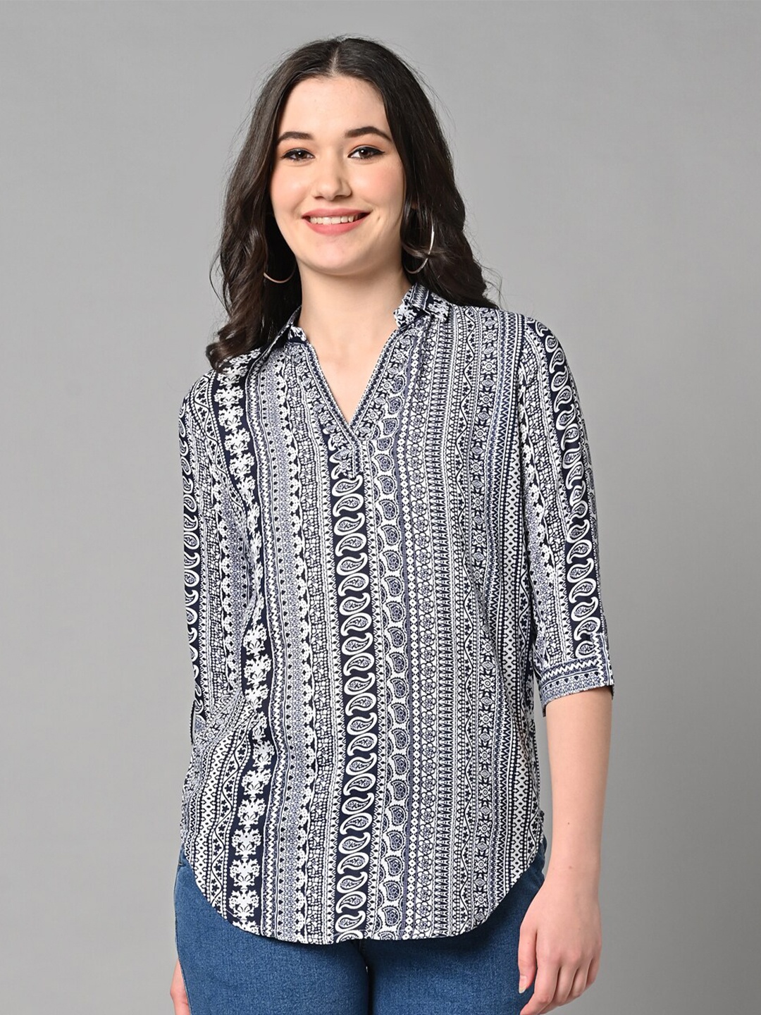 

KALINI Print Mandarin Collar Shirt Style Top, Navy blue