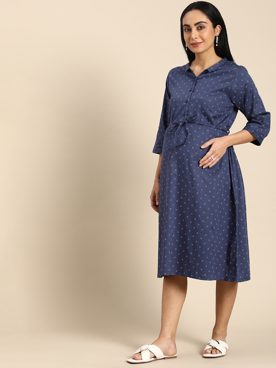 

BAESD Geometric Printed Maternity A-Line Midi Dress, Navy blue