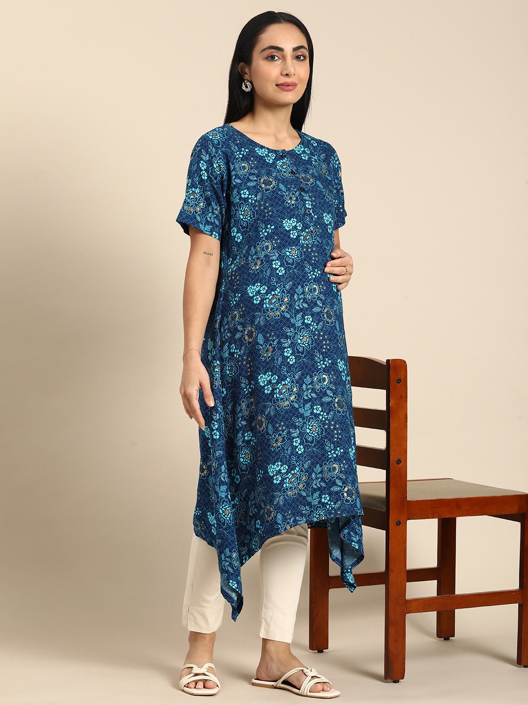 

BAESD Women Floral Printed Maternity A-Line Kurta, Blue