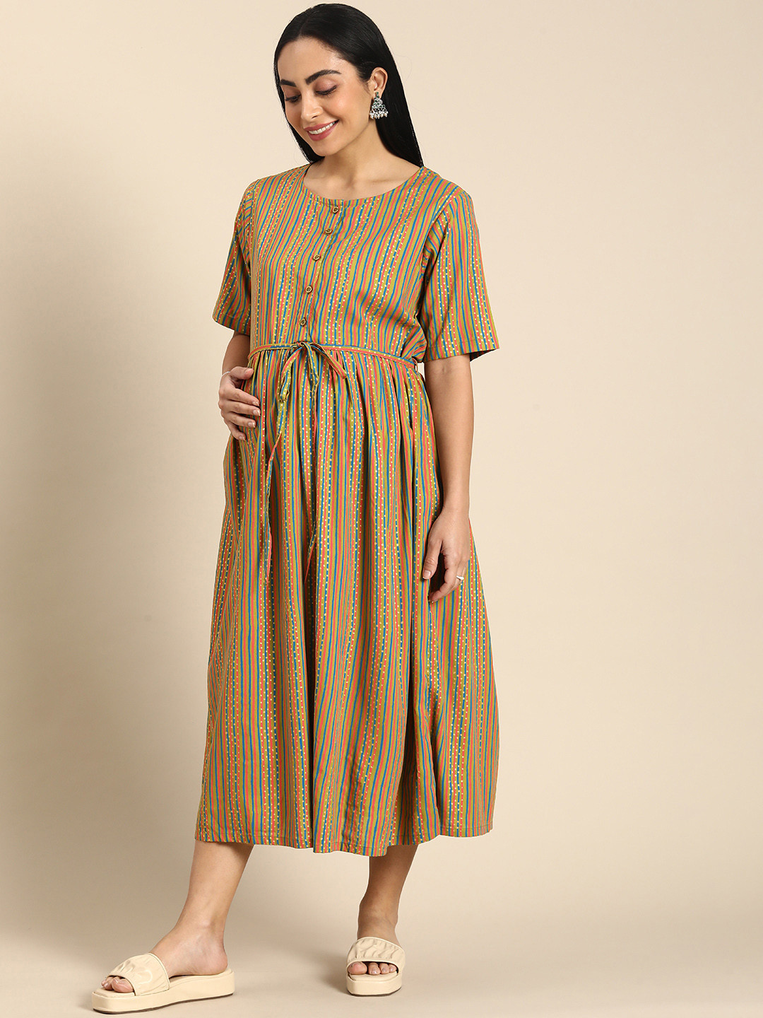

BAESD Striped Maternity A-Line Midi Dress, Olive