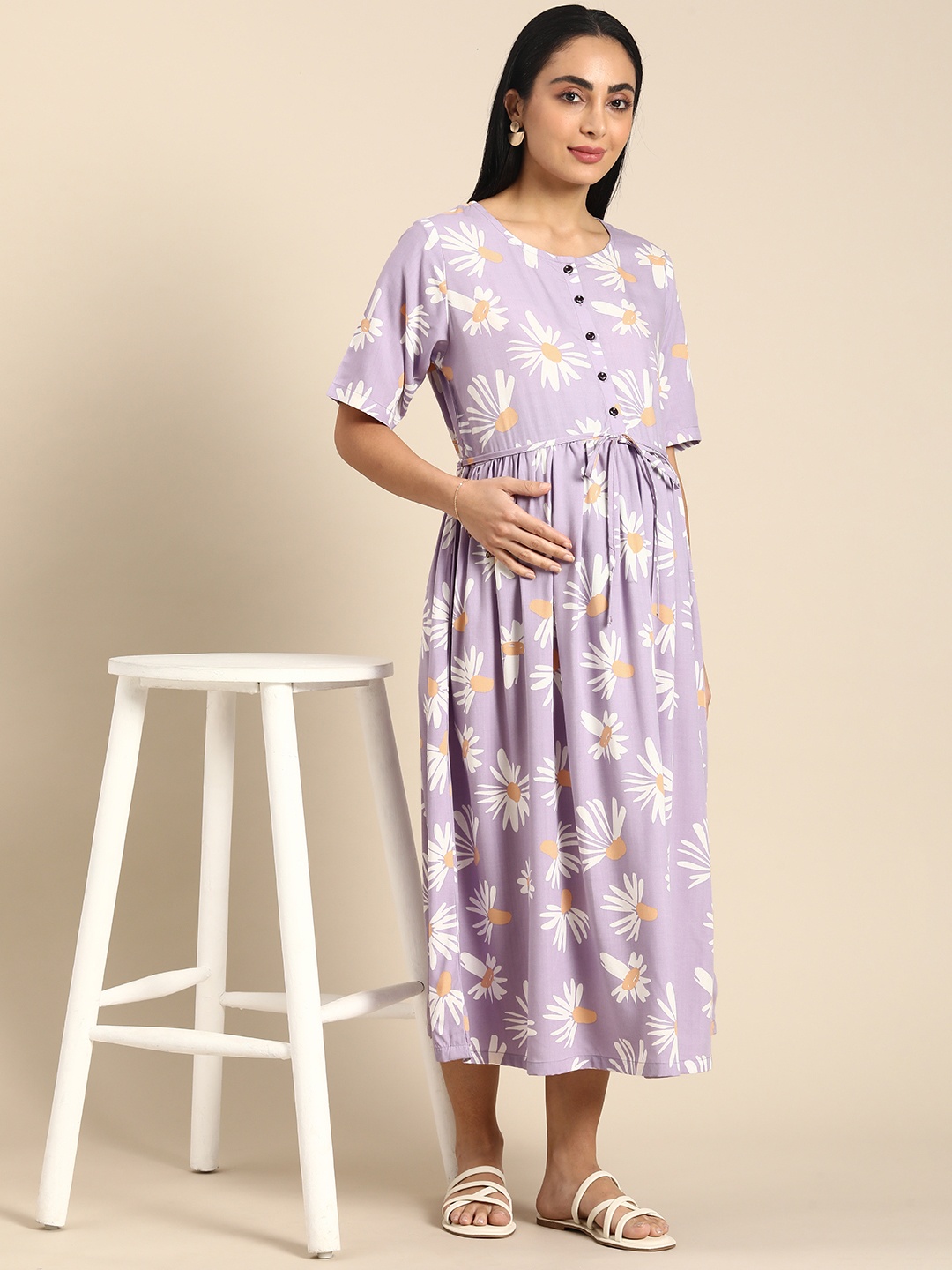 

BAESD Floral Printed Maternity A-Line Midi Dress, Lavender