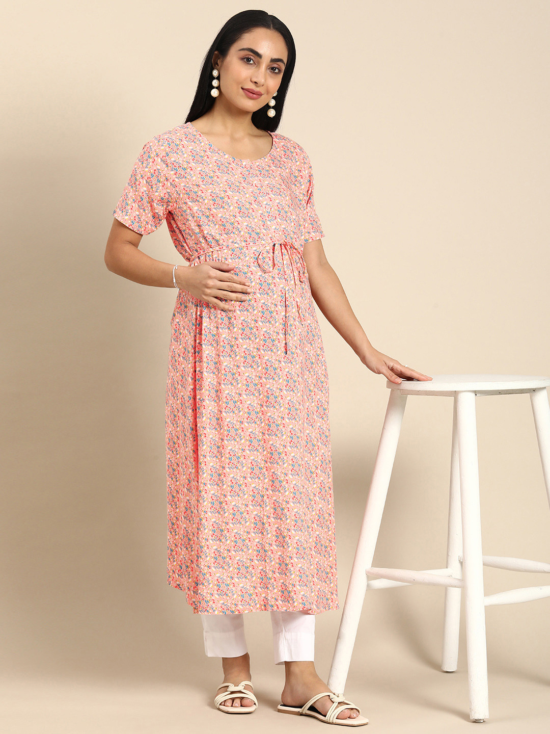 

BAESD Women Floral Printed Maternity A-Line Kurta, Pink