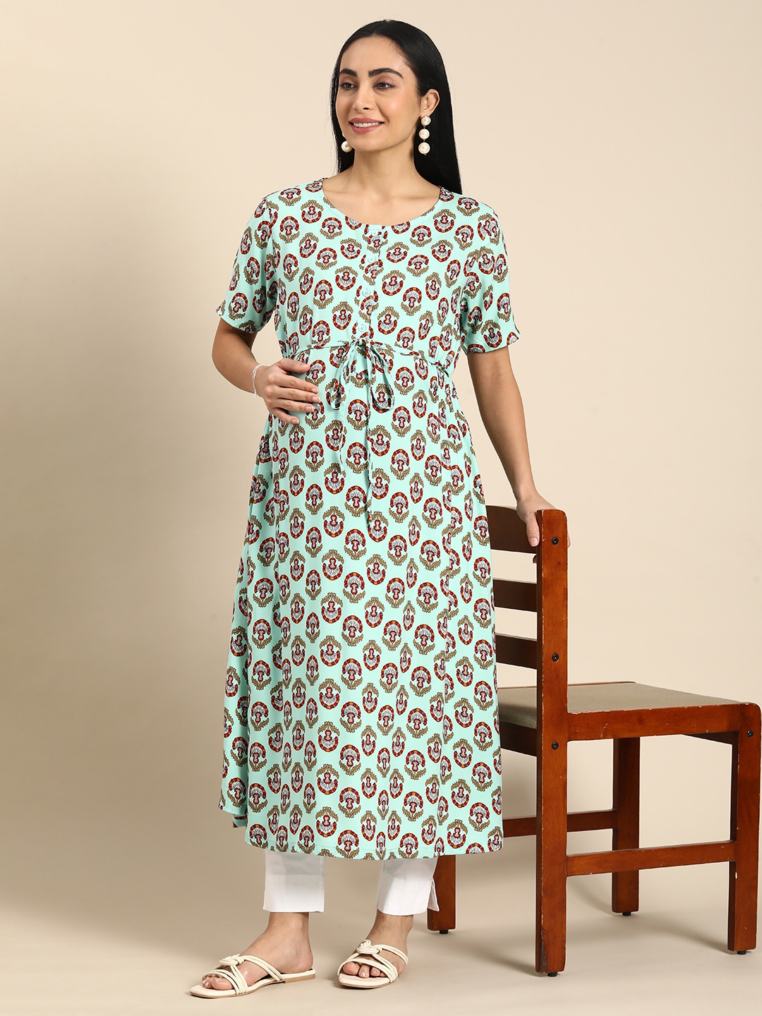 

BAESD Women Ethnic Motifs Printed Maternity A-Line Kurta, Green