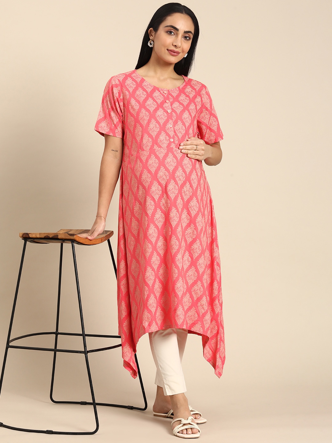 

BAESD Women Ethnic Motifs Printed Maternity A-Line Kurta, Coral