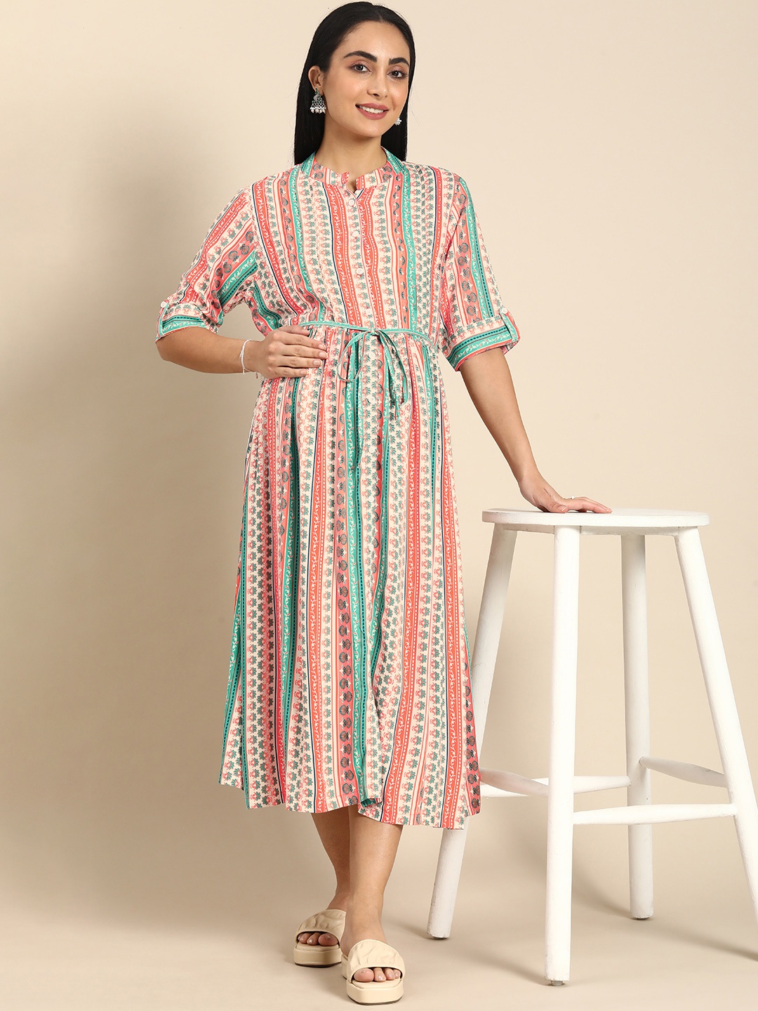 

BAESD Ethnic Motifs Printed Maternity A-Line Midi Dress, Orange
