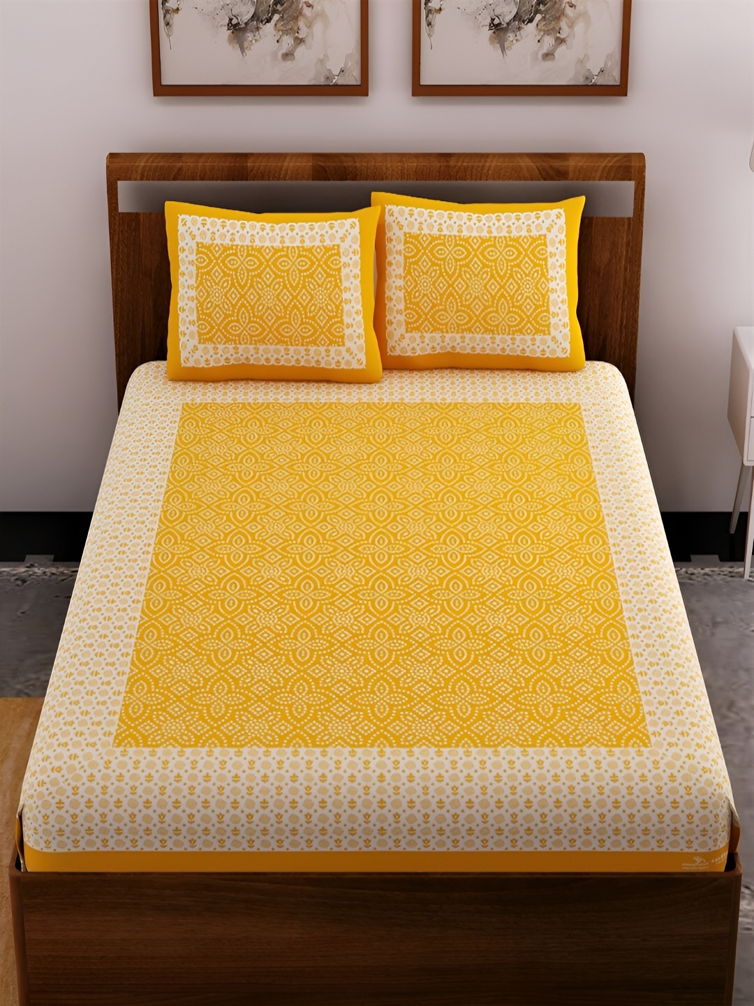 

UNIQCHOICE Yellow & White Floral 120 TC Queen Bedsheet with 2 Pillow Covers