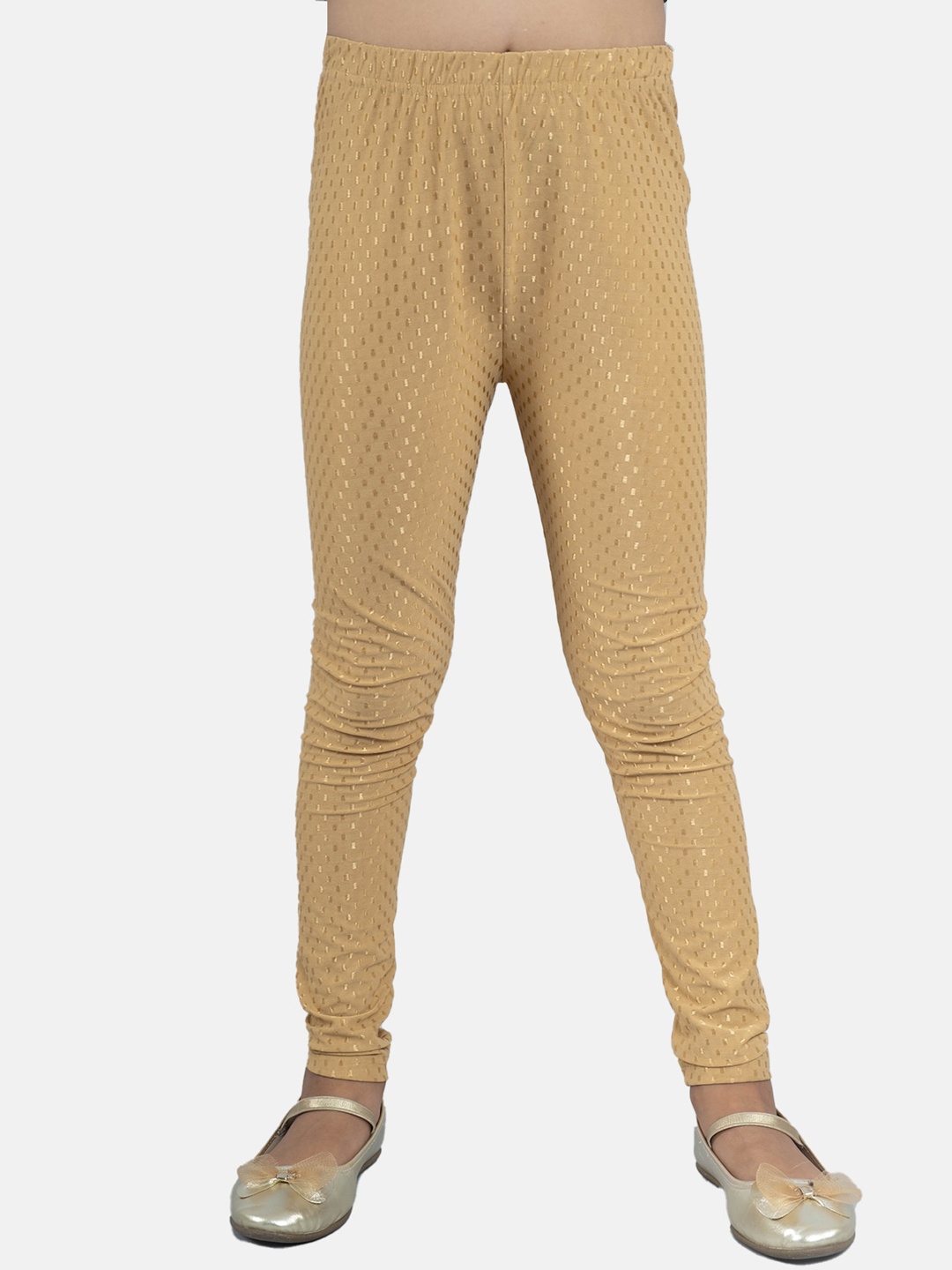 

KiddoPanti Girls Printed Churidar-Length Leggings, Tan