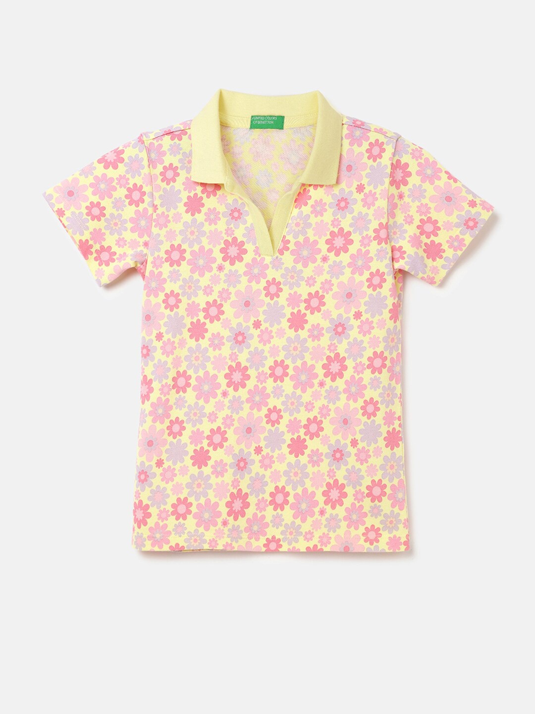 

United Colors of Benetton Girls Floral Printed Polo Collar Pure Cotton Pockets T-shirt, Multi