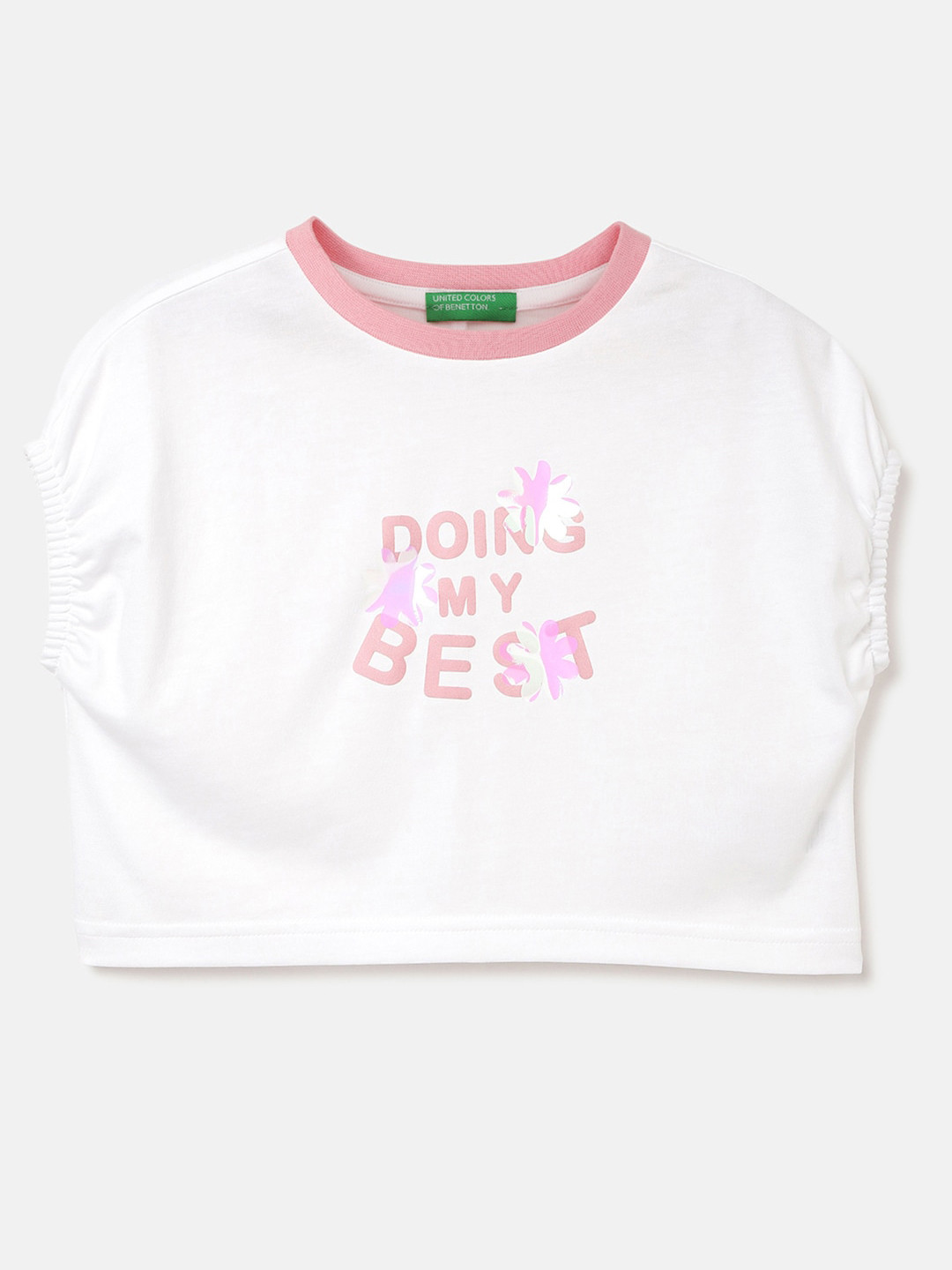 

United Colors of Benetton Girls Printed Extended Sleeves Pure Cotton T-shirt, White