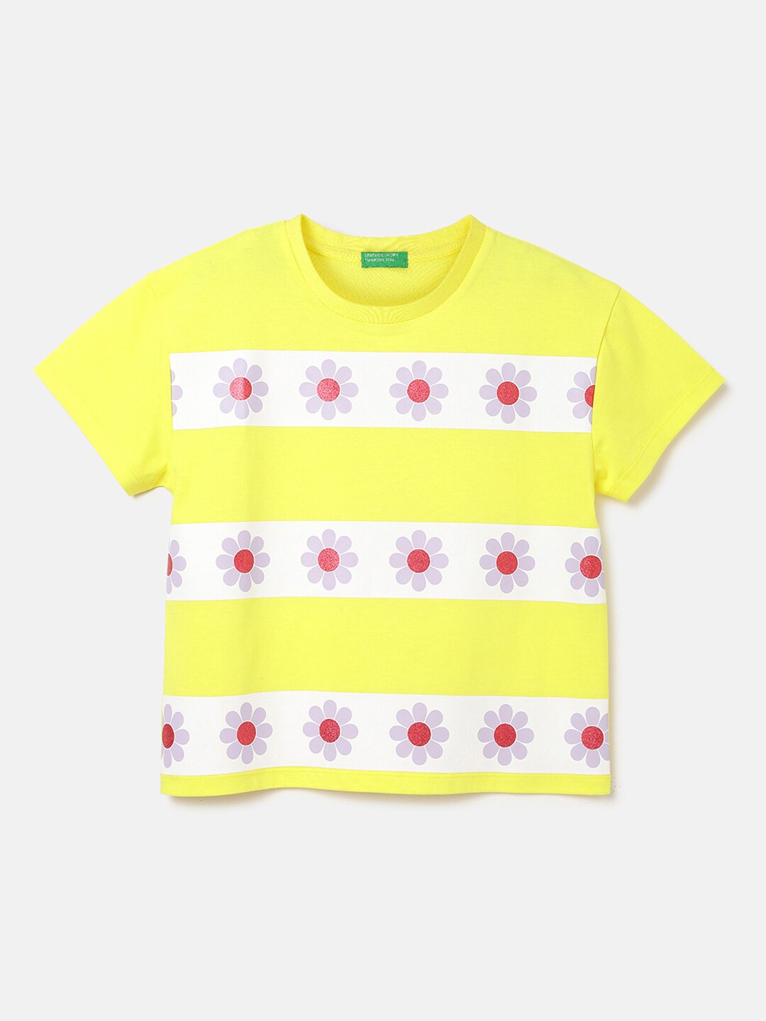 

United Colors of Benetton Girls Striped Pure Cotton Applique T-shirt, Yellow