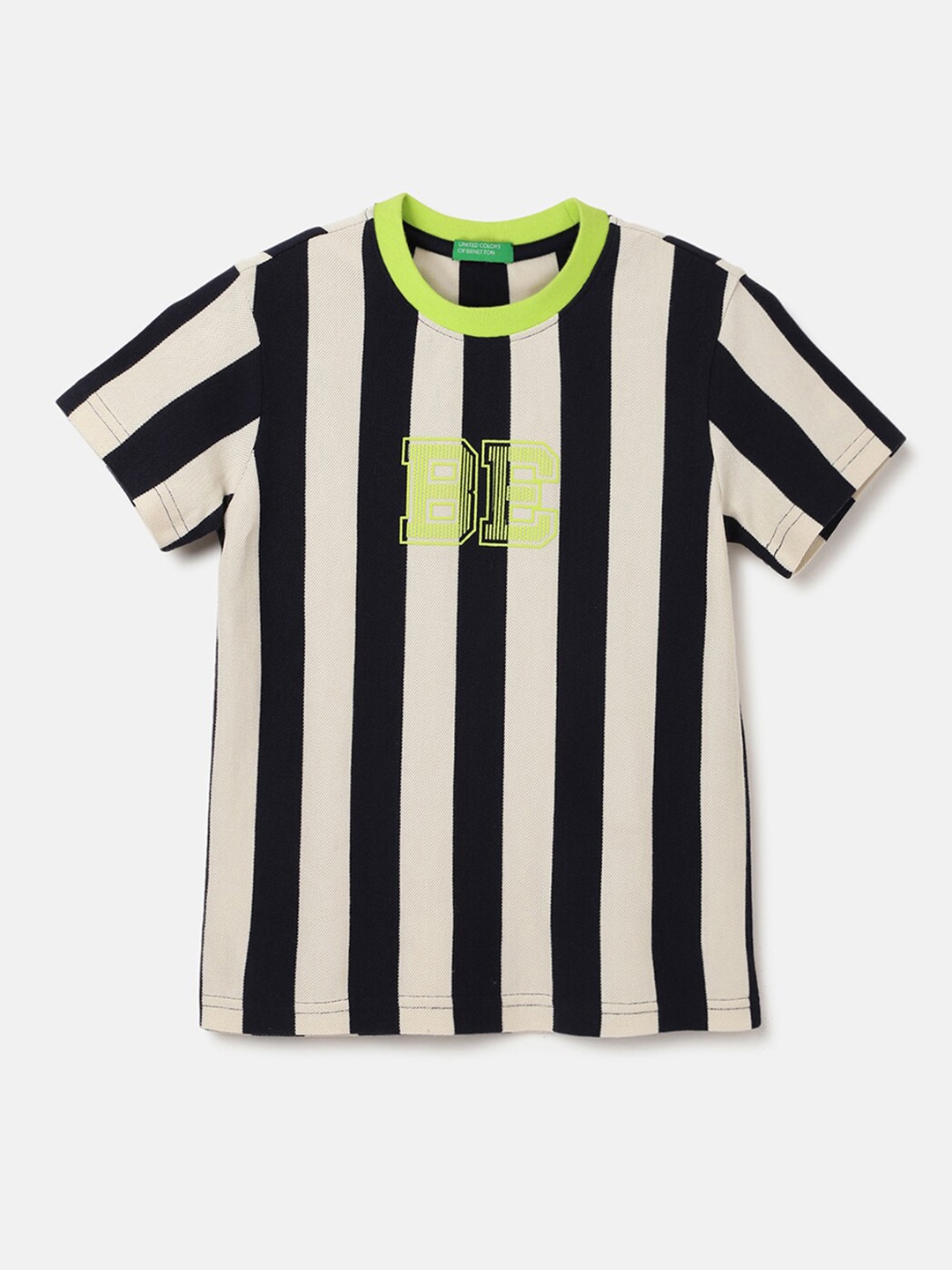 United Colors of Benetton Boys Striped Pure Cotton Applique T-shirt, Multi
