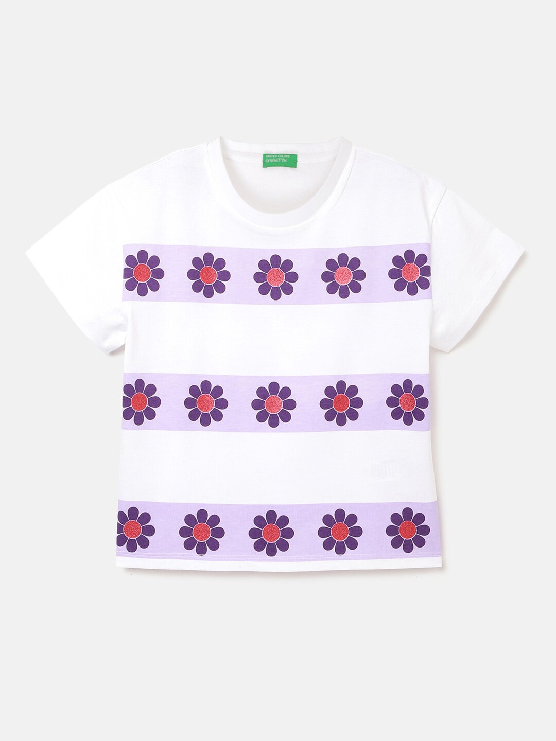 

United Colors of Benetton Girls Floral Printed Pure Cotton T-shirt, Multi