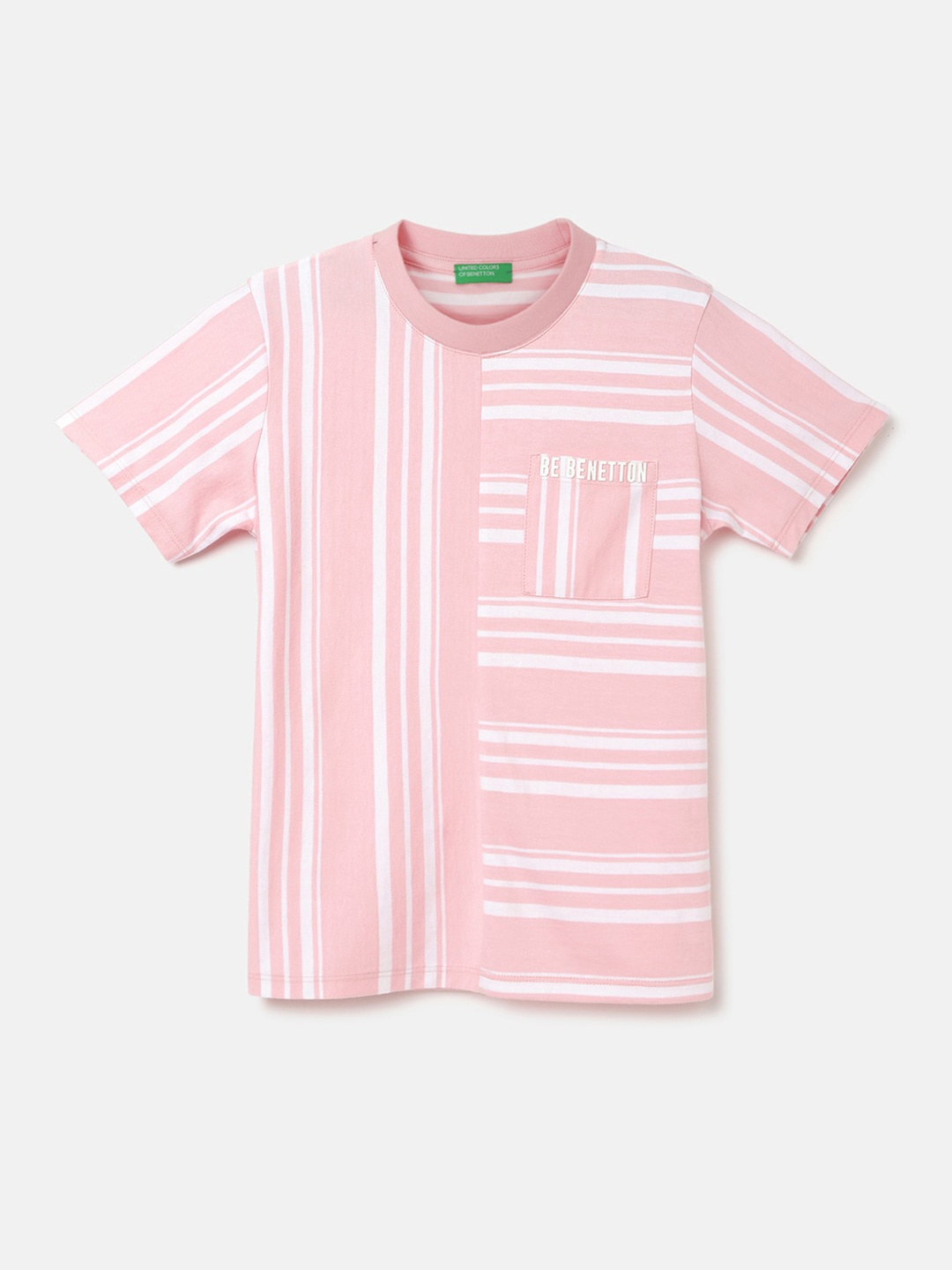 

United Colors of Benetton Boys Striped V-Neck Pure Cotton Pockets T-shirt, Pink
